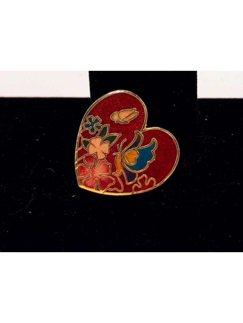 Vintage Cloisonne Heart Brooch Pin Red Enamel Butterfly Floral Gold Tone 1"